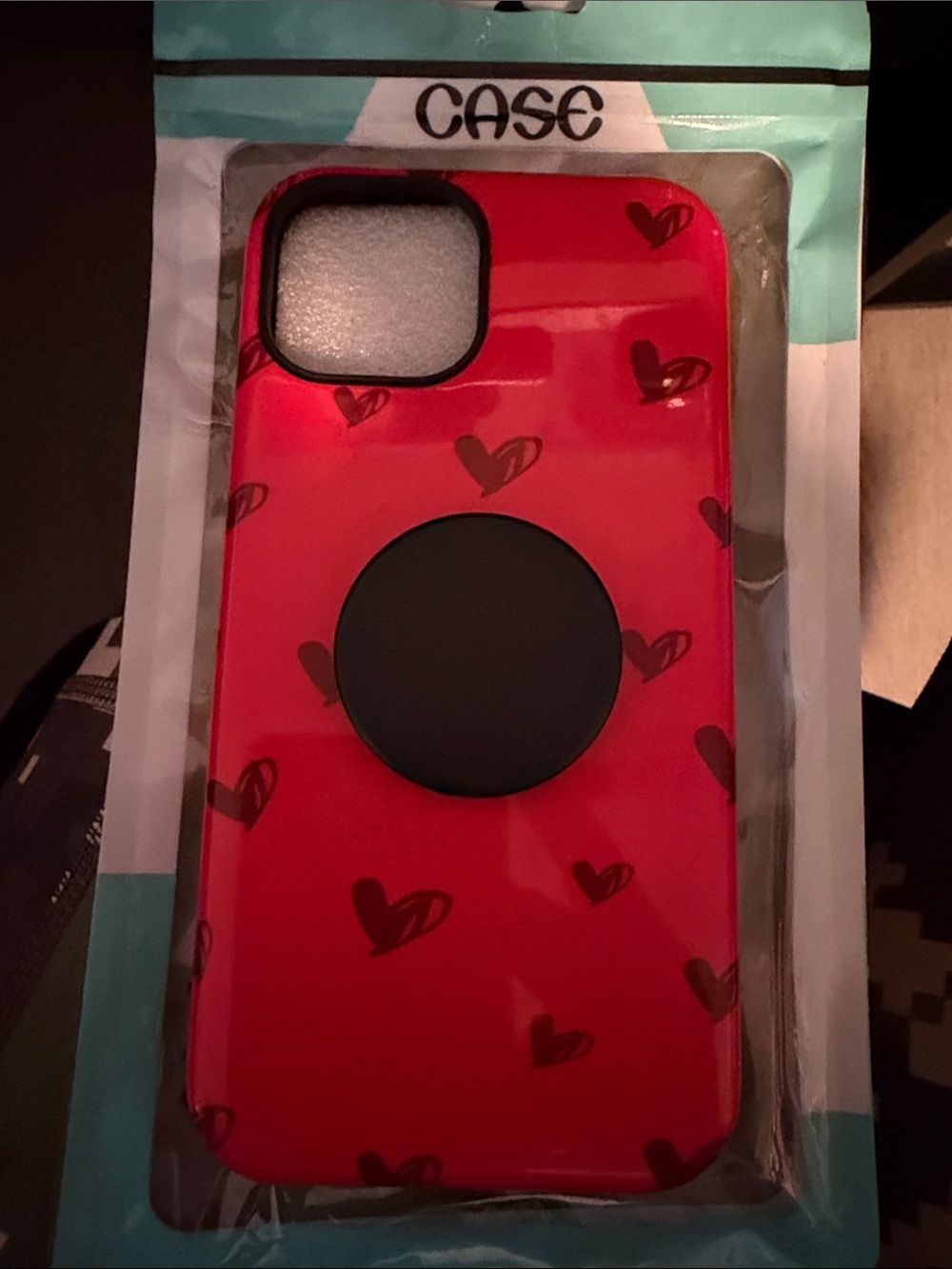 iPhone 14 Red Heart Pattern Phone Case with Black PopSocket Compatible